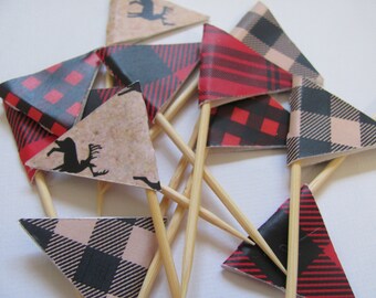24 Flag Food Picks, Flag Cupcake toppers, Set de 24, Buffalo Plaid Picks, Woodland Party, Lumberjack Party, Red and Black Check,