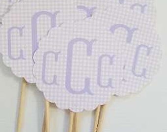 Personalized cupcake toppers, Set of 12, Monogram cupcake toppers, girls Birthday, Purple Gingham