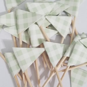 May include: A collection of small, triangular flags on wooden sticks. The flags feature a light green and white gingham pattern. These decorative flags are likely intended for use as cupcake toppers or party decorations.