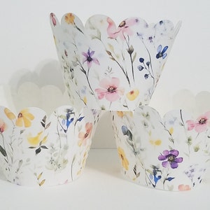 Cupcake wrappers, Wildflower cupcake wrappers, Wild Flower decorations, Pink, Yellow, Purple wildflower cupcake wrappers