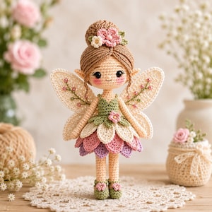 May include: A crocheted fairy doll with light brown hair in a bun adorned with pink and white flowers. The doll wears a green bodice and a layered skirt of cream, pink, and purple petals. It has cream-coloured wings with pink bead accents.