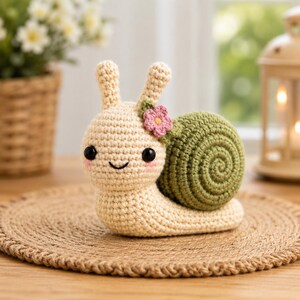 Virkmönster för amigurumi med snigel och blomma – spiralsnäcka och plyschleksak (PDF-nedladdning)