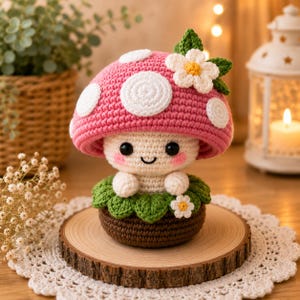 Può includere: Una statuetta a forma di fungo all'uncinetto con un cappello rosa a pois bianchi, un viso color crema con occhi neri sorridenti e guance rosa. La base è marrone con foglie verdi e un piccolo fiore bianco, sormontato da un fiore bianco più grande.