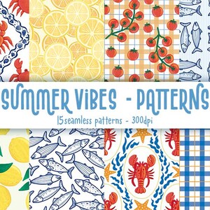Pode incluir: Uma coleção de 15 padrões digitais sem costura intitulada SUMMER VIBES - PATTERNS 15 seamless patterns - 300dpi. Os designs apresentam caranguejos vermelhos, fatias de limão amarelo, tomates vermelhos em ramos, peixes azuis, limões e xadrez azul.