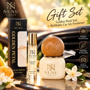 NUNU PARFUM Golden Petal 5ml & Refillable Car Fragrance Gift Set – Silver Mountain Water Inspired Scent
