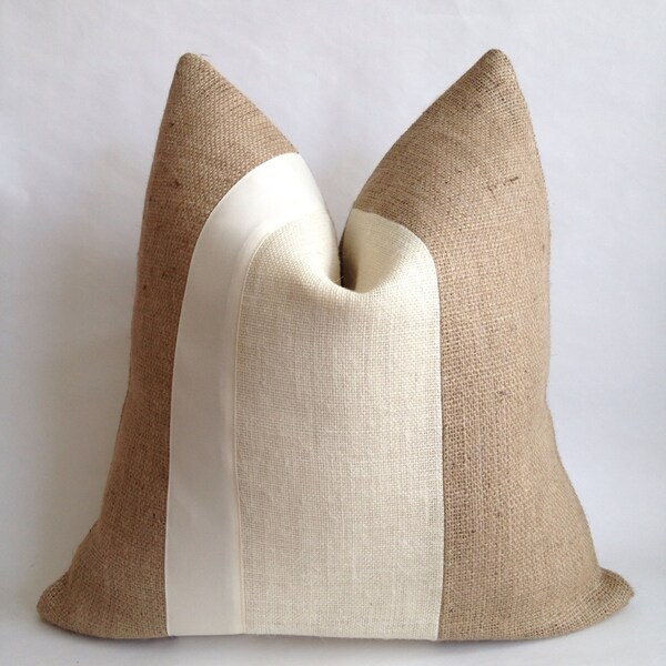 Two Tone Burlap Pillow Cover with Cream Grosgrain Ribbon
