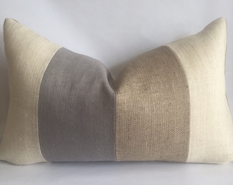 Cream, Light Gray and Natural Striped Lumbar Pillow Cover