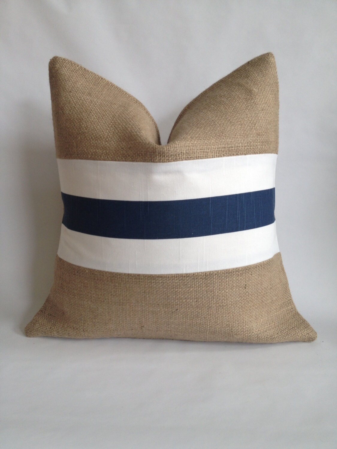 Navy and White Striped Fabric and Natural Burlap Pillow Cover Etsy