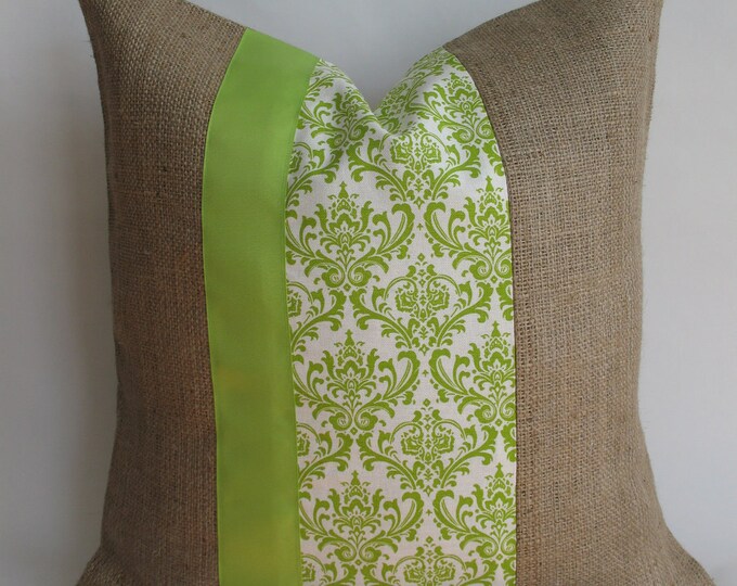 Burlap Pillow Cover With Green and White Damask Fabric and Etsy