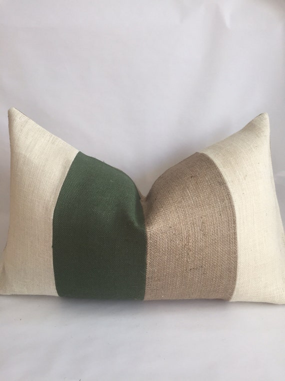 Natural Burlap Vertical Stripe Lumbar Hunter Green Strie Velvet Pillow Cover