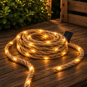 Peut inclure: Une longueur enroulée de corde de jute épaisse de couleur naturelle, incrustée de petites lumières LED aux tons chauds. La corde est disposée en pile circulaire, avec une extrémité qui s'étend vers l'extérieur, et comporte un petit panneau solaire noir.