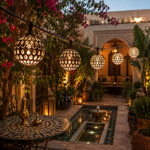 Peut inclure: Une guirlande de lumières sphériques d'extérieur avec des motifs découpés complexes suspendue au-dessus d'un patio carrelé. Les globes en métal noir émettent une lueur chaude, éclairant une cour avec une fontaine, des plantes et une table en mosaïque.
