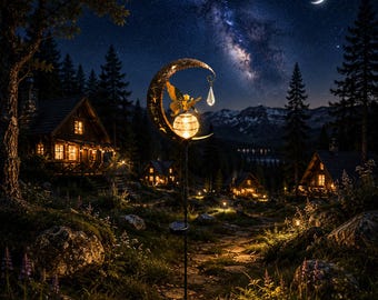 Solar Moon Fairy Garden Stake, Cracked Glass Globe Light, Angel Garden Decor, Waterproof Outdoor Solar Light for Yard, Patio & Flower Beds