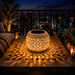Può includere: Una lanterna solare sferica bianca con intricati ritagli a forma di foglia che proiettano un motivo caldo e luminoso sulla superficie sottostante. La lanterna presenta un pannello solare circolare scuro sulla parte superiore per l'illuminazione.