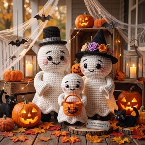 Puede incluir: Tres figuras de fantasmas de ganchillo con ojos negros y mejillas rosadas. Uno lleva un sombrero de copa negro, otro un sombrero de bruja negro con flores coloridas, y el pequeño fantasma central sostiene un cubo de calabaza naranja.