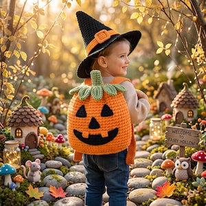 Op de afbeelding: Een gehaakte pompoenrugzak met een groene steel en een zwart jack-o'-lantern gezicht, gedragen met een zwarte heksenhoed met een oranje band. De rugzak heeft oranje banden, een beige shirt met lange mouwen en een blauwe spijkerbroek.