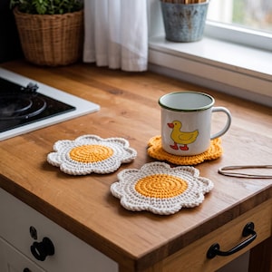 May include: Two white and yellow crocheted flower-shaped coasters and a white enamel mug with a green rim and a yellow duck graphic. The mug sits on a third matching crocheted coaster. The items are arranged on a wooden surface near a stove.