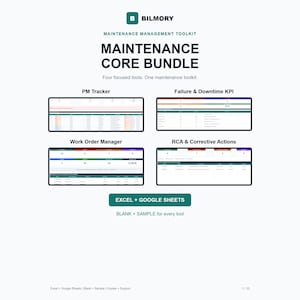 Könnte beinhalten: Ein digitales Instandhaltungs-Management-Toolkit mit dem Titel Maintenance Core Bundle von Bilmory. Es enthält vier Tabellenkalkulations-Tools: PM Tracker, Failure & Downtime KPI, Work Order Manager und RCA & Corrective Actions für Excel und Google Sheets.