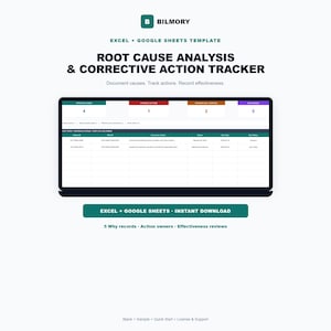 May include: A digital template for Excel and Google Sheets titled Root Cause Analysis & Corrective Action Tracker. The interface displays a dashboard with coloured status boxes and a data table for tracking causes, actions, owners, and dates.