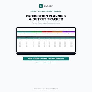 Może przedstawiać: Cyfrowy szablon do planowania produkcji i śledzenia wyników dla programów Excel i Google Sheets firmy Bilmory. Ekran wyświetla tabelę danych z kolumnami dla zadania, produktu, ilości i statusu, z nagłówkami tekstowymi do planowania i przeglądu.