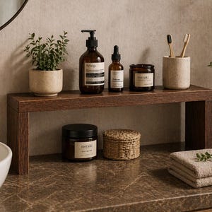 May include: A dark brown wooden countertop shelf holding a small potted plant, an amber glass pump bottle, a dropper bottle, a small amber glass jar, and a beige ceramic toothbrush holder with two toothbrushes. Below sits a jar and a woven box.