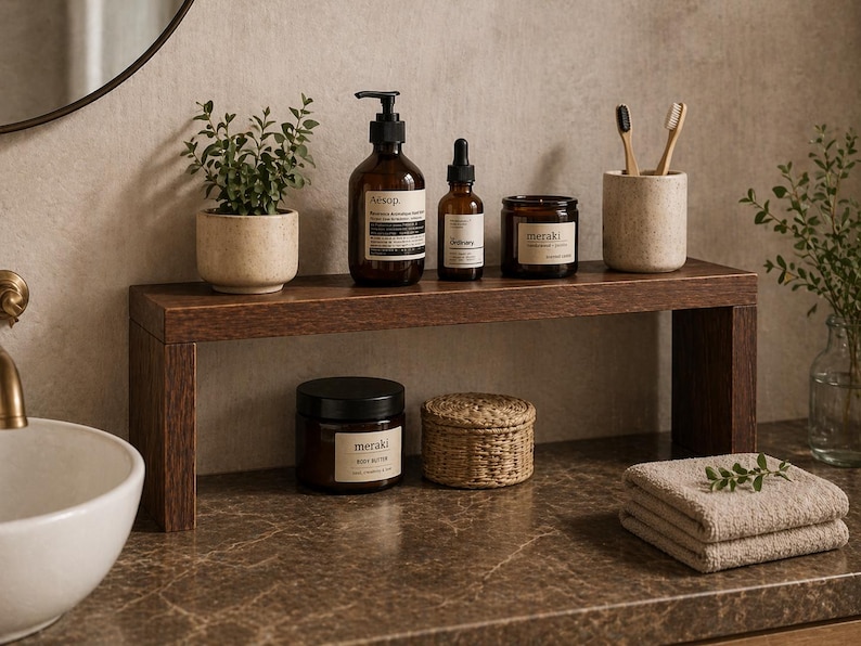 May include: A dark brown wooden countertop shelf holding a small potted plant, an amber glass pump bottle, a dropper bottle, a small amber glass jar, and a beige ceramic toothbrush holder with two toothbrushes. Below sits a jar and a woven box.