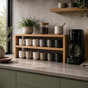 Peut inclure: Une étagère en bois à deux niveaux contenant douze tasses en céramique dans des tons de blanc, gris et noir. Une cafetière noire est placée à droite de l'étagère. Sur l'étagère se trouvent une plante verte, un bocal en verre rempli de grains de café et un récipient en céramique.