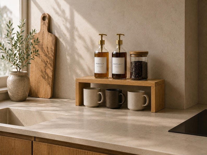 Solid Oak Shelf | Minimalist Countertop Storage Organizer image 6