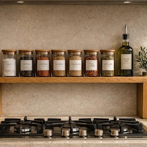 May include: A wooden shelf holds seven clear glass spice jars with wooden lids and white labels reading Salt, Pepper, Paprika, Cumin, Coriander, Chili Flakes, and Oregano. Next to the jars is a glass bottle of olive oil with a silver pour spout.