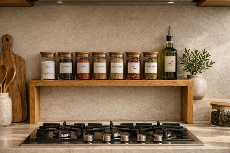 May include: A wooden shelf holds seven clear glass spice jars with wooden lids and white labels reading Salt, Pepper, Paprika, Cumin, Coriander, Chili Flakes, and Oregano. Next to the jars is a glass bottle of olive oil with a silver pour spout.