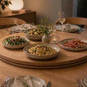 Puede incluir: Un gran plato giratorio redondo de madera se encuentra sobre una mesa de comedor de madera a juego. Contiene cuatro cuencos de cerámica llenos de diversos platos, un pequeño jarrón con vegetación y un portavelas de cristal, rodeado de copas.