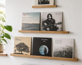 Estante expositor de vinilos de roble macizo / Soporte de pared minimalista flotante para álbumes LP