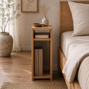 Solid Oak Narrow Bedside Table | Scandinavian Japandi Slim Cabinet