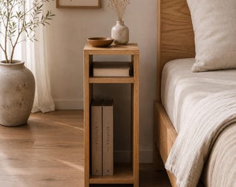 Solid Oak Narrow Bedside Table | Scandinavian Japandi Slim Cabinet