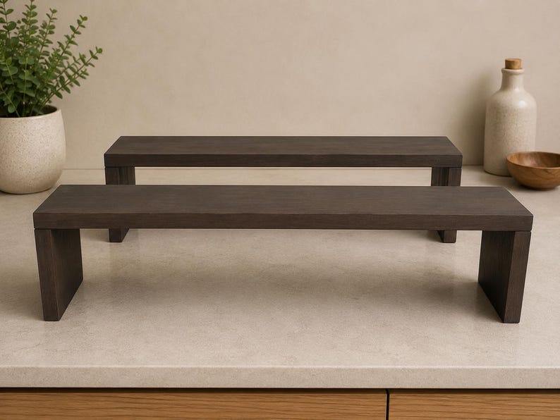 Solid Oak Shelf | Minimalist Countertop Storage Organizer Dark Brown