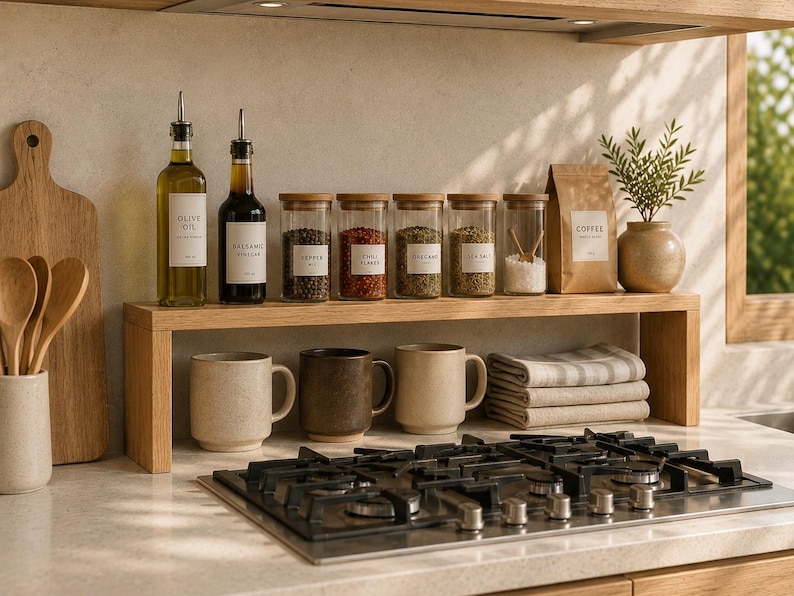 May include: A light oak wood kitchen counter shelf holding two glass oil and vinegar bottles, six glass spice jars with wooden lids, a brown paper coffee bag, and a small potted plant. Below the shelf are three ceramic mugs and folded linens.