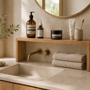 Puede incluir: Un estante rectangular de madera clara colocado sobre un lavabo. El estante sostiene una botella con dosificador marrón, un frasco cuentagotas, un tarro oscuro, un tubo blanco y un cepillo de dientes en un vaso. Dos toallas beige plegadas.