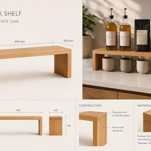 May include: A solid oak shelf measuring 450 mm in length, 100 mm in depth, and 150 mm in height, constructed from 16 mm thick full stave oak. The shelf features a rectangular top panel resting on two side panels, showcasing a natural wood grain.