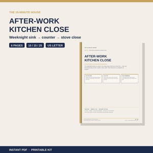 Könnte beinhalten: Ein druckbares PDF-Dokument mit dem Titel The 15-Minute House After-Work Kitchen Close. Die Seite bietet ein strukturiertes Layout mit Abschnitten für Eat or Close, 10/15/25-Minuten-Aufgaben und Pack Tomorrow im US-Letter-Format.