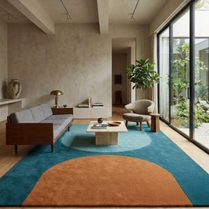 Teal Rust Arch Wool Rug, Sunrise Half Circle Hand Tufted Carpet