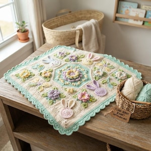 Puede incluir: Una manta de ganchillo cuadrada con un motivo floral central rodeado de flores y caras de conejo en tonos pastel lavanda, amarillo, rosa y verde menta. La manta tiene un borde festoneado verde menta y una etiqueta que dice Floral Bunny Blanket - Pattern Available.
