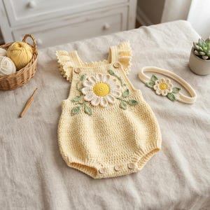 May include: A pale yellow crochet romper featuring ruffled shoulder straps, a large central daisy appliqué with green leaves, and three small wooden buttons at the neckline and bottom. A matching crochet headband with a daisy is included.