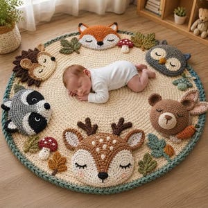 Könnte beinhalten: Eine runde, cremefarbene Häkelspielmatte mit verschiedenen Waldtiergesichtern, darunter ein Fuchs, ein Igel, ein Waschbär, ein Reh, ein Bär und eine Eule, sowie kleinen gehäkelten Pilzen und Blättern am Rand der Matte.
