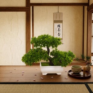 Albero bonsai artificiale di pino giapponese in vaso bianco - Piccola pianta finta in vaso per scrivania, mensola, decorazione per casa e ufficio - 18 cm x 27 cm