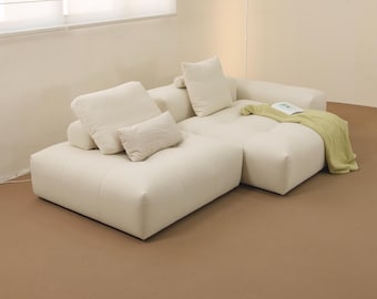 Beige Linen Modular Sofa, Reconfigurable Sectional Couch, Movable Back Cushions, Deep Seat Lounge Sofa