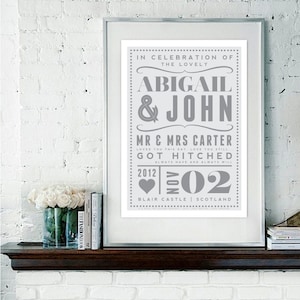A3 Size Personalized Wedding Married Couple Love Giclee Art Print Retro Typography Decor Marriage Personalised Custom Gift Present UK image 1