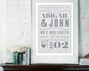 A3 Size - Personalized Wedding Married Couple Love Giclee Art Print - Retro Typography Decor - Marriage Personalised Custom Gift Present UK