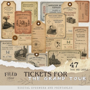 Può includere: Una collezione di 47 etichette e cartellini di carta in stile vintage con temi di viaggio storici, inclusi biglietti ferroviari, ricevute di bagagli e documenti di navi a vapore con illustrazioni color seppia e testo.