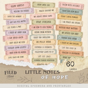 Puede incluir: Una colección de 60 etiquetas de papel rectangulares con varias frases inspiradoras en fuente de máquina de escribir negra sobre fondos de colores pastel. Las etiquetas incluyen textos como Glow Gently, Root Into Joy y Bloom With Patience, dispuestas en columnas.