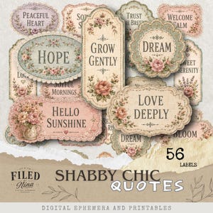 Etichette con citazioni shabby chic e fiori pastello, 56 elementi vintage di ispirazione, 3 fogli stampabili